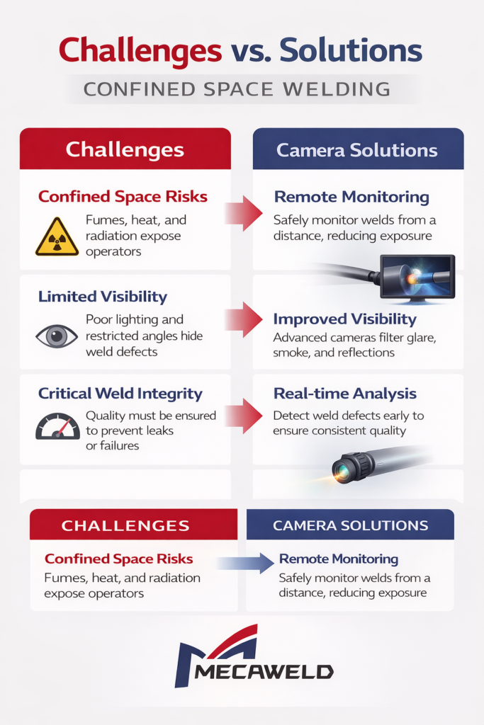 welding cameras tank vessel pipeline welding infographic showing confined space challenges and camera solutions