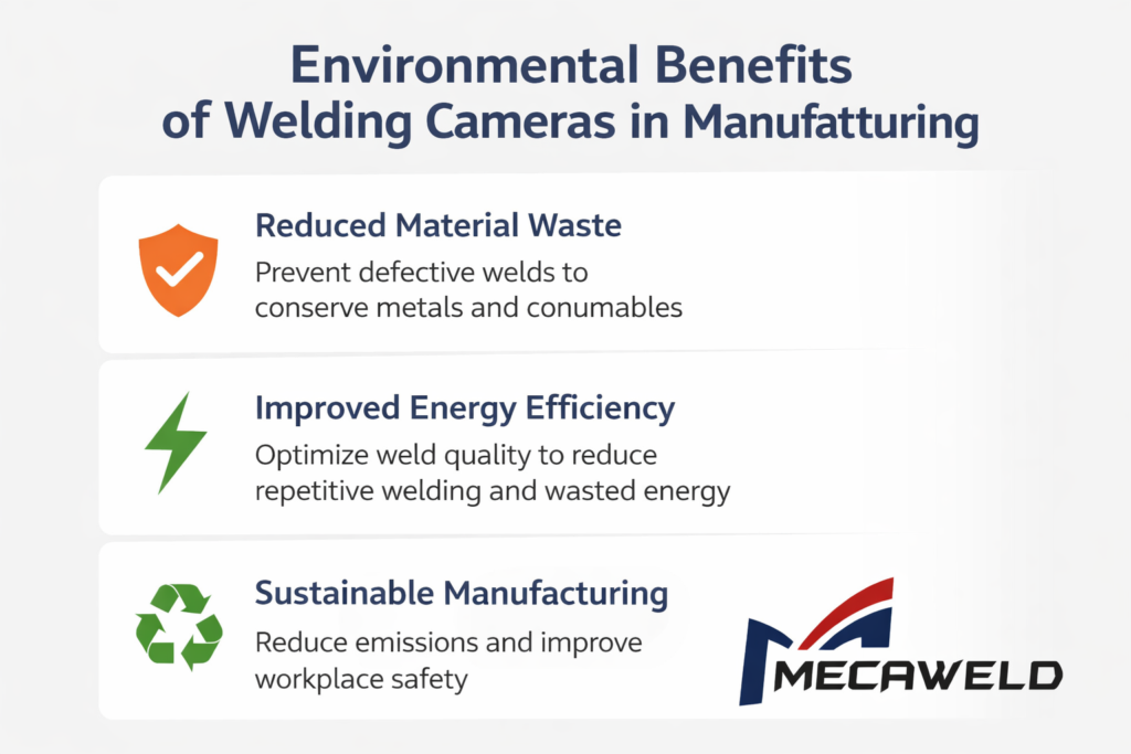 welding cameras environmental benefits infographic showing reduced waste and improved energy efficiency in manufacturing