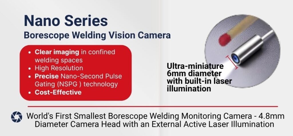 Compact welding camera Nano Series Borescope Welding Vision Camera inspecting a weld in a confined industrial space